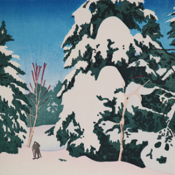 A woodblock of a snow-covered fir tree